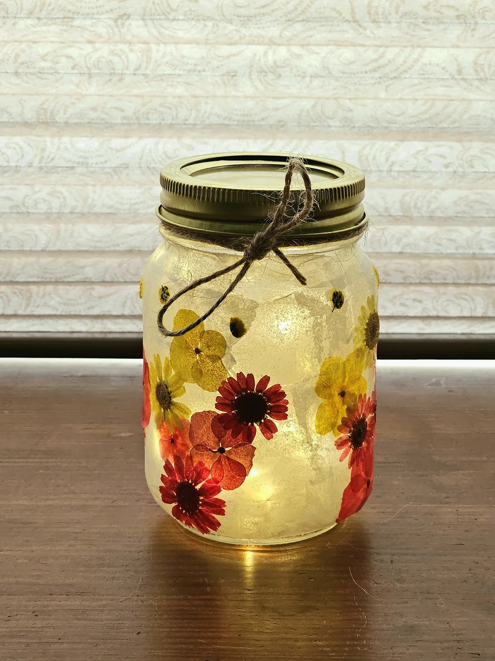 Handmade Floral Mason Fairy Jar Sunset Glow Lantern Nightlight Decor
